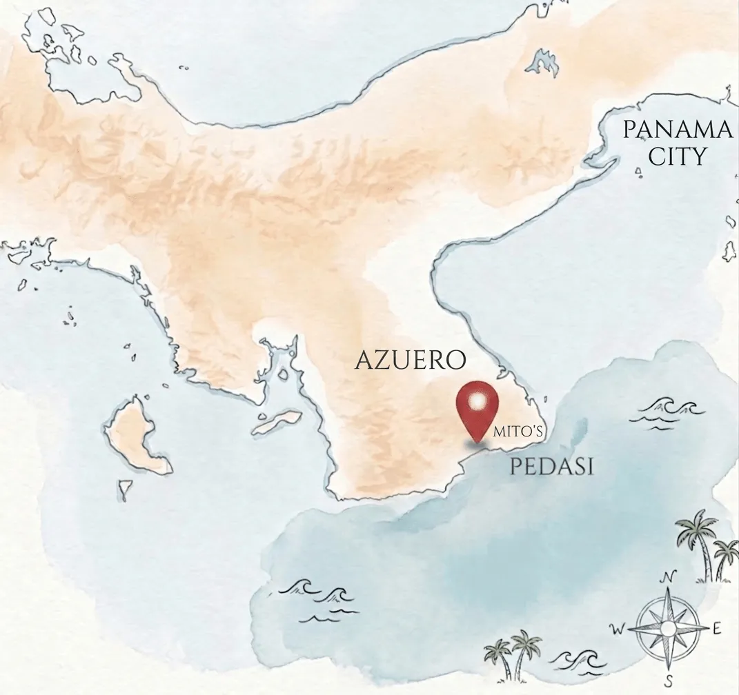 Mapa ilustrado de Azuero mostrando la ubicación de MITO'S en Pedasí