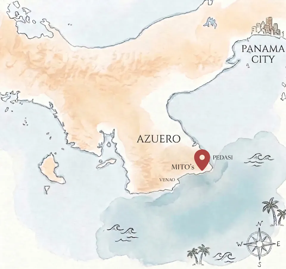Mapa ilustrado de Azuero mostrando la ubicación de MITO'S en Pedasí
