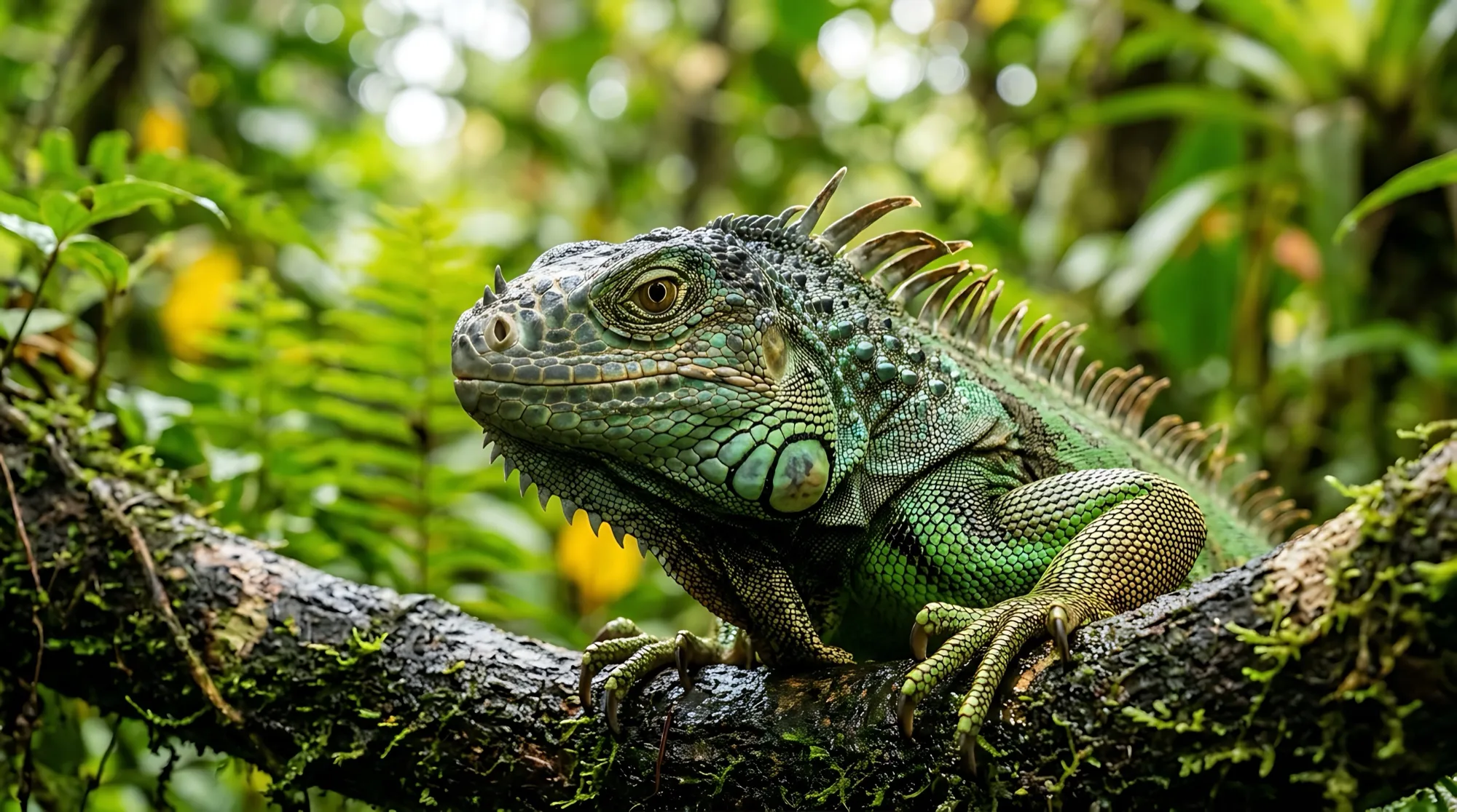 Iguana verde sobre una rama en la selva de Azuero