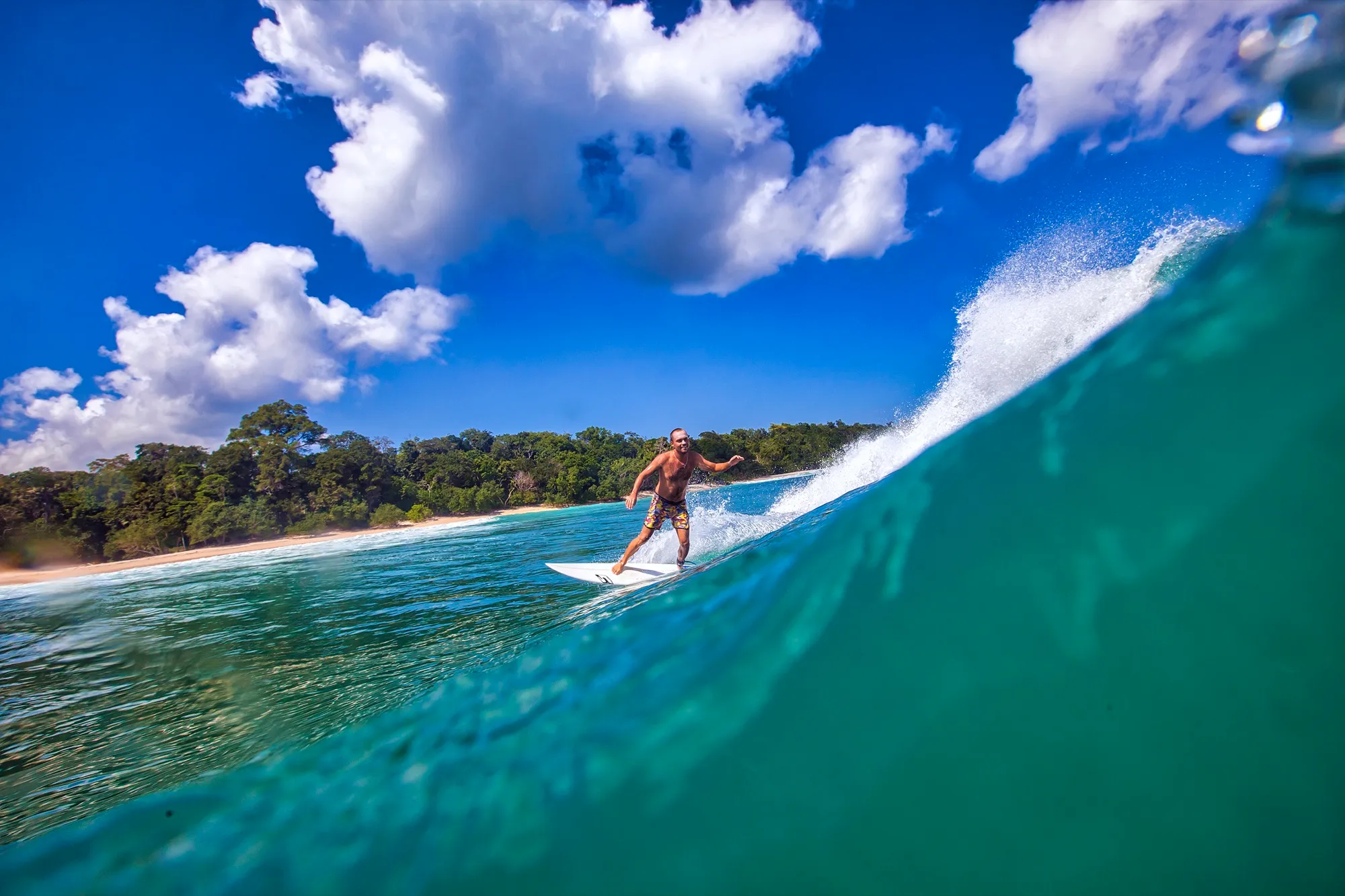 Surfista tomando una ola frente a una costa boscosa, cerca de Playa Venao
